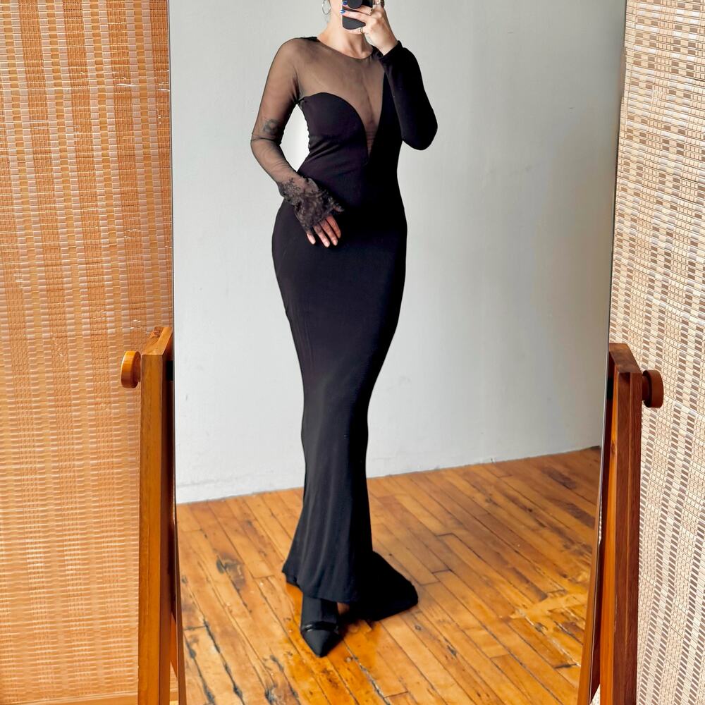 Black Asymmetric Mesh & Lace Evening Gown - Picture 2 of 16